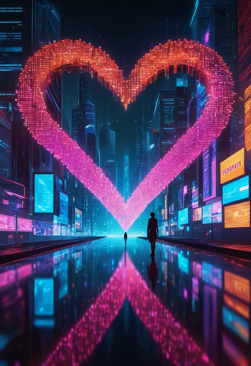 A surreal landscape depicting a heart made of digital pixels, surrounded by virtual avatars connecting through holographic screens. A glowing pathway leads to a futuristic cityscape filled with neon lights, representing the evolution of love between technology and humanity. Ethereal elements such as floating hearts and binary codes enhance the atmosphere of digital romance. cyberpunk. vibrant colors. 3D.