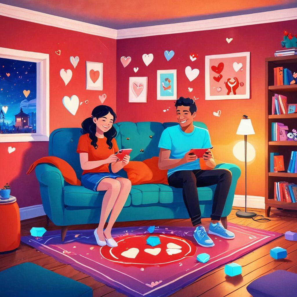 A whimsical illustration depicting a couple immersed in a digital game, surrounded by floating hearts and playful avatars that represent traditional and modern symbols of love. The backdrop features a cozy, glowing room filled with gaming paraphernalia, a scene of warmth and connection. The couple is shown smiling, absorbed in their gameplay, conveying joy and camaraderie. Include vibrant colors to emphasize the playful atmosphere. cartoon style. vibrant colors. cozy setting.